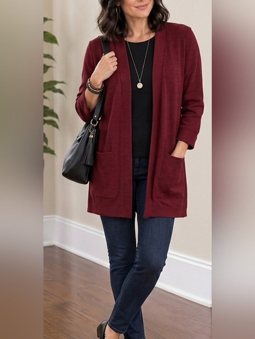 Talbots Pure Merino Wool Open-Front Burgundy Cardigan Sweater Medium/Large
